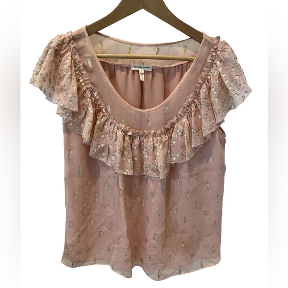 Rebecca Taylor Powder Pink and Gold Metallic Silk Flutter Sleeve Blouse Size 6 - Picture 5 of 10